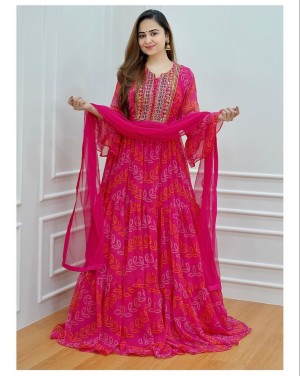 Finest Embroidery Georgette Printed Pink Anarkali Gown Dupatta Set